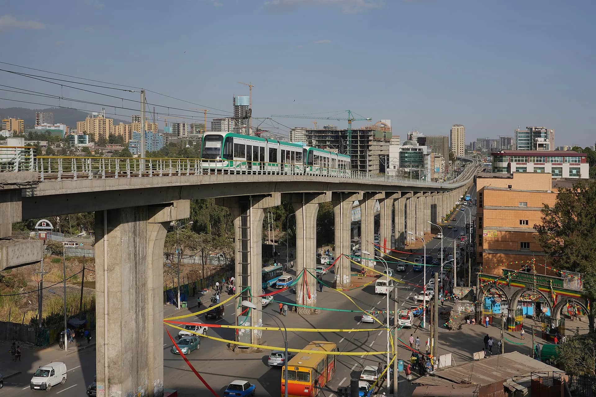 Traffic and the light rail line in central Addis Ababa